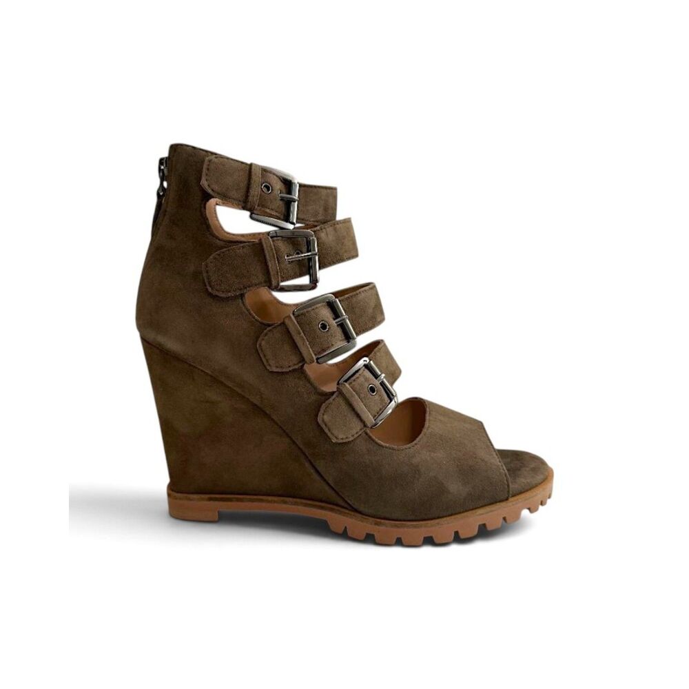 Linea Paolo Wisteria Dark Olive Buckle Wedge Suede Sandal, NEW! Size 9.5